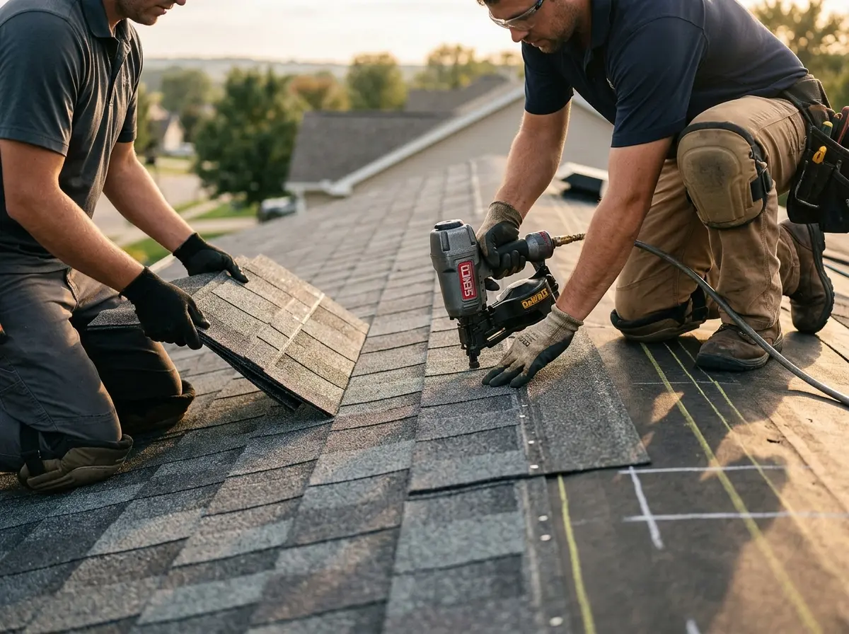 Professional roofer working on a residential roof in Sturtevant